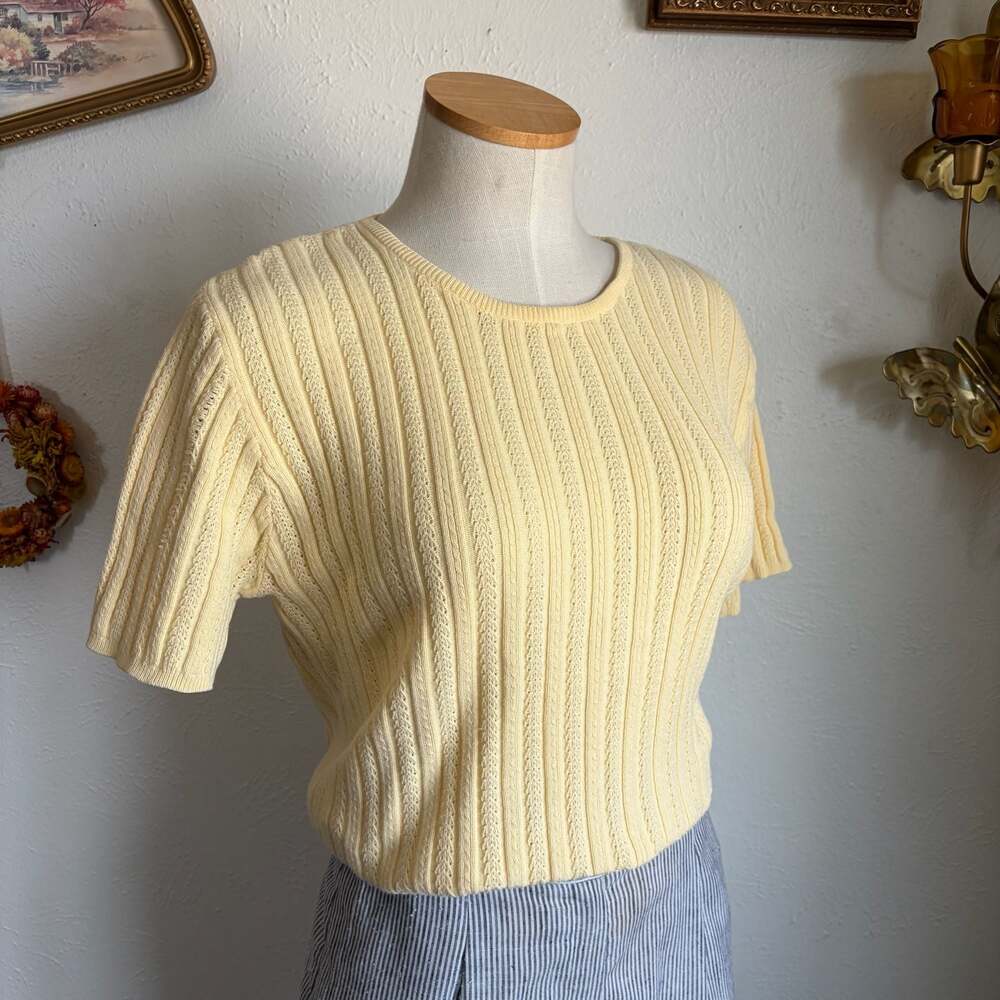 Vintage 100% Cotton Ribbed Short-Sleeve Knit Sweater Top S